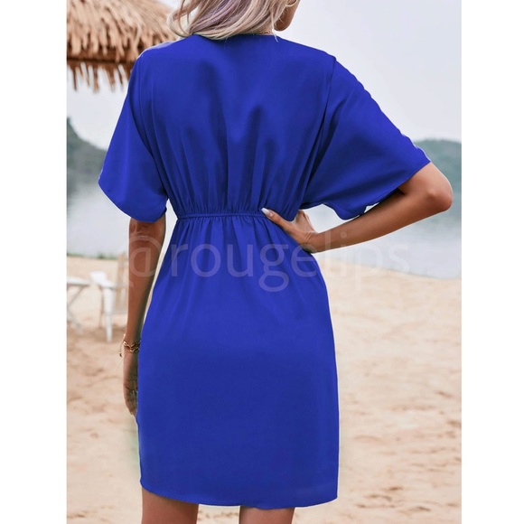 Royal Blue Mini Dress Ruched, Batwing Sleeve Faux Wrap Pleated - Picture 3 of 8